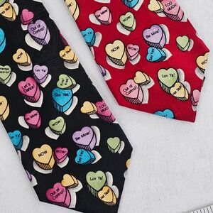 Halston Mens Silk Tie Lot 2 Valentine Hallmark Conversation Hearts Red Black 4"